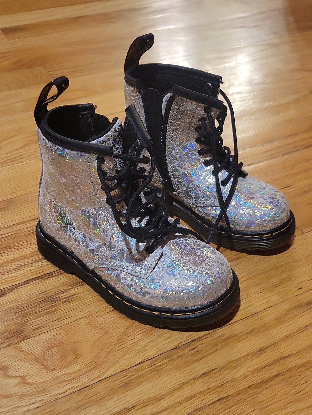 Dr. Martens Kids Silver Holographic Glitter Lace-Up Boots, Size Girls 9